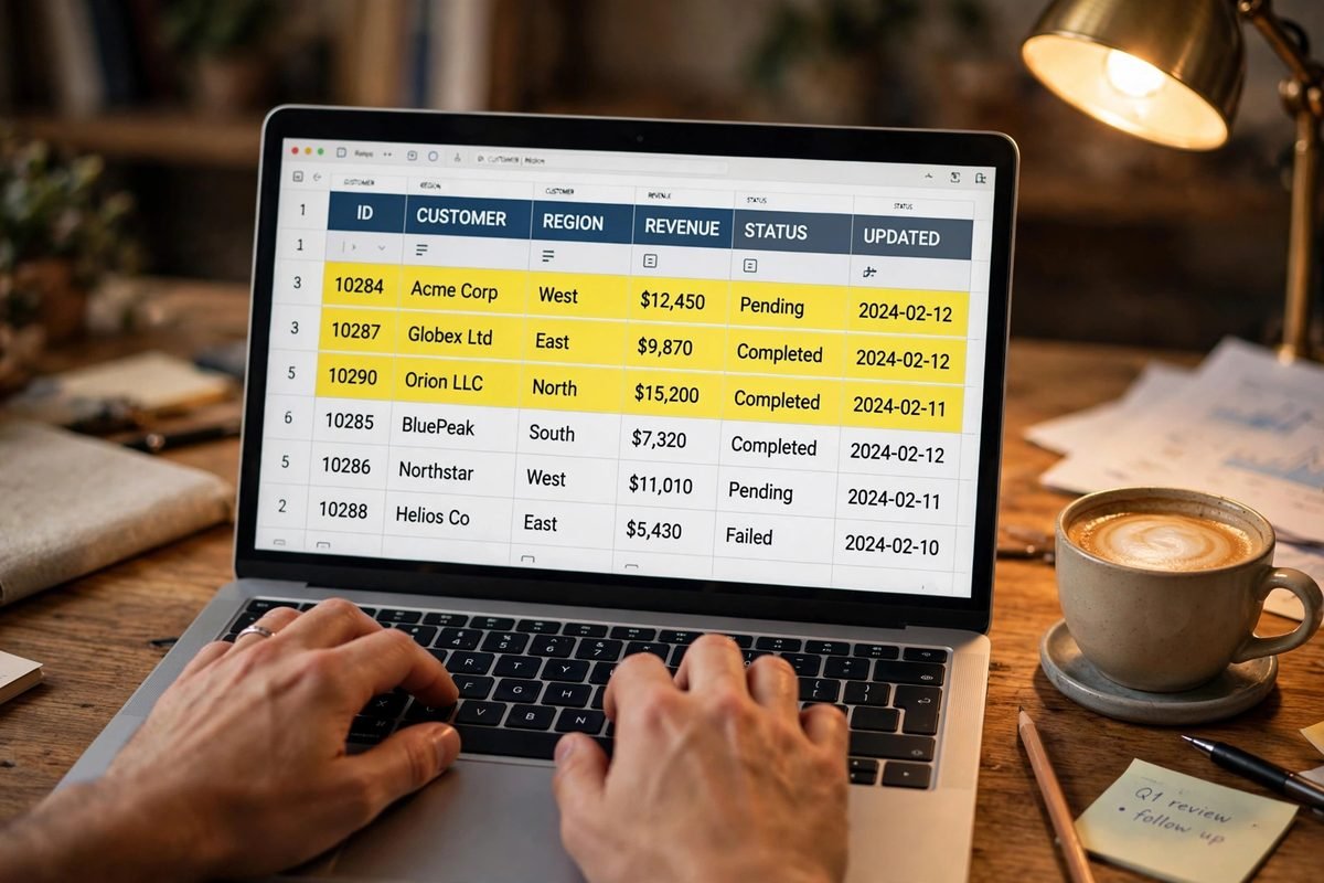 Hands typing on a laptop keyboard with a data table open on the screen