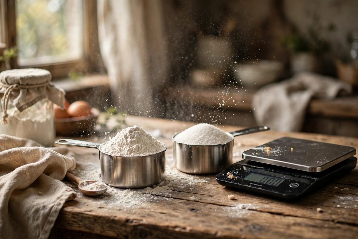 Metal measuring cups filled with flour and sugar next to a digital kitchen scale